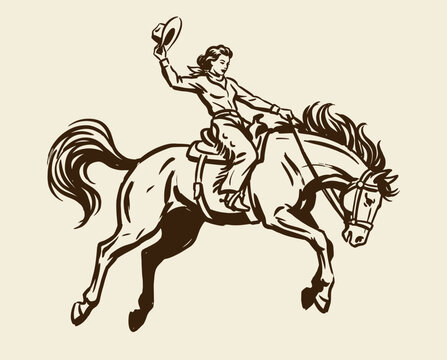 Cowgirl vintage western rodeo print, bucking bronco artwork, retro wild west apparel design, horse rider sketch, hand-drawn equestrian ink