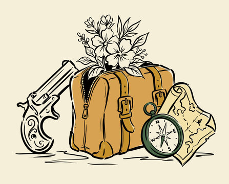 Vintage travel illustration, suitcase with flowers, antique revolver, compass and map, retro adventure art, explorer luggage, wild west