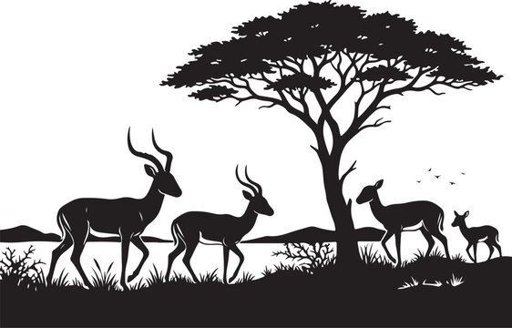 African savanna landscape silhouette with gazelles and acacia tree, wild antelope herd in safari nature scene, black and white vector illustration