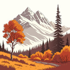 Hand drawn landscape of a tall mountain with snow, a single large orange tree, and a forest in a scenic valley with a flowing river stream © md ruhul11