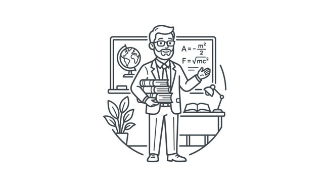 Creative Black and White Line Drawing of a Professor Teaching Physics with Equations and Educational Elements