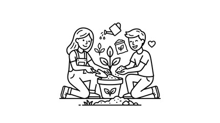 Naklejka premium Clean Black and White Line Drawing of Two People Planting a Seedling Together in a Pot with high quality professional line art symbols for modern creative design and digital branding projects
