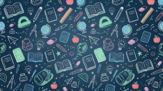 Whimsical seamless pattern of school doodles in chalk Colorful doodle education elements