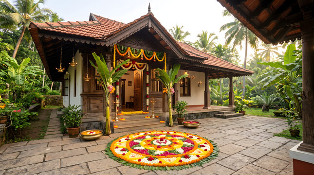 House decorated for Onam festival features a vibrant floral pookalam arrangement on the stone courtyard floor, showcasing traditional Kerala architecture nestled within a lush tropical garden setting.