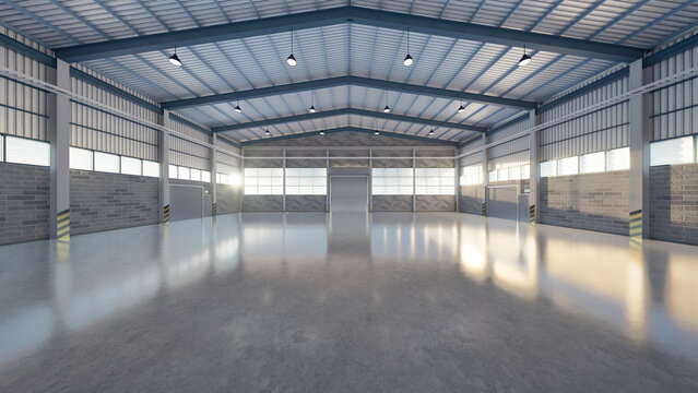 Highres 3D warehouse interior with clean concrete floor. Represent distribution warehouse, manufacturing plant, factory building, clean open workspace, copy space. Ideal for product display background