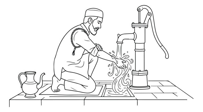 Muslim man performing Wudu, Islamic ritual purification before prayer, ablution with water from a hand pump, traditional religious practice vector illustration