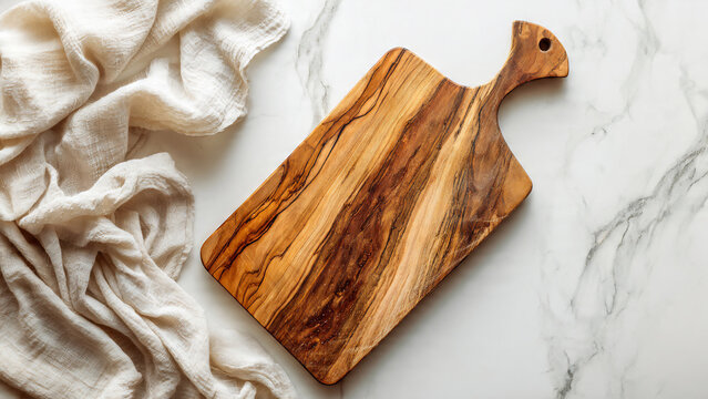 Wooden cutting board and crumpled linen fabric on a marble surface, top view, suitable for food blogs, restaurant marketing and home decor inspiration