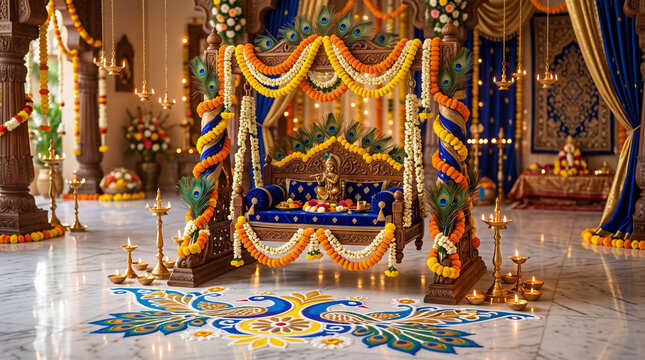 Beautifully decorated swing for Lord Krishna with floral garlands and peacock feather rangoli art