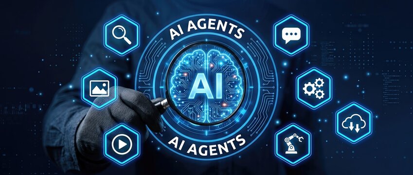 Conceptual representation of ai agents with a digital brain showcasing technology and innovation in artificial intelligence highlighting various applications and functionalities.