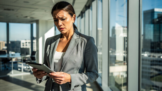 Worried businesswoman looking at tablet screen in modern office, sunlight glare, ideal for business stress, corporate communication and technology frustration