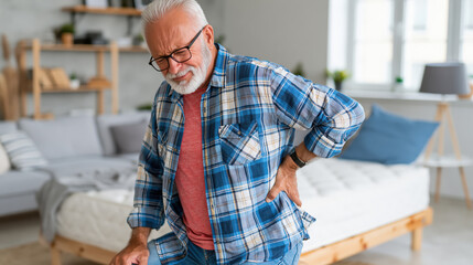 Obraz premium Elderly man with back pain in bedroom after bad sleep, holding waist in discomfort