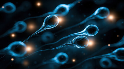 Naklejka premium Sperm cell microscopic view blue fluid cell swim fertility biology human reproduction medical science dark background microscopic view of sperm