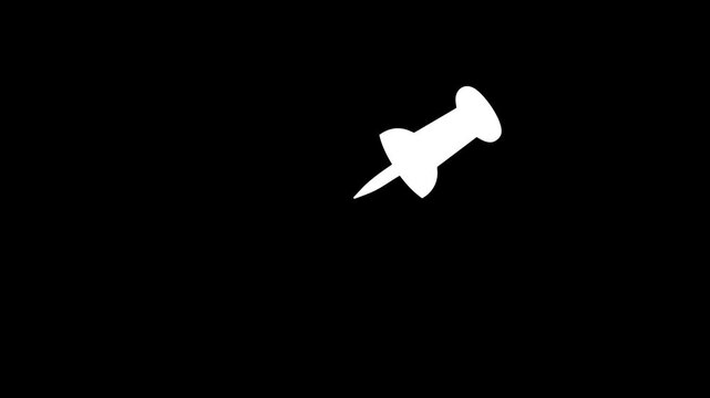 Minimalist white push pin animation on black background, for office and, planning concepts, thumbtack motion office supplies
