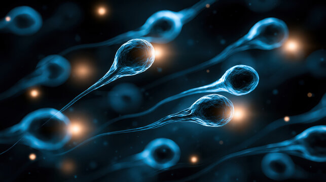 Sperm cell microscopic view blue fluid cell swim fertility biology human reproduction medical science dark background microscopic view of sperm