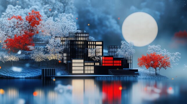 village surrounded by nature, a big blue light shines from the village in shape of half of circle. sharp focus.