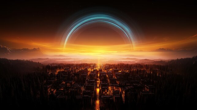 village surrounded by nature, a big blue light shines from the village in shape of half of circle. sharp focus.