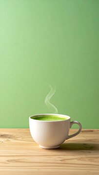 Fresh hot matcha green tea with rich froth in a white ceramic cup