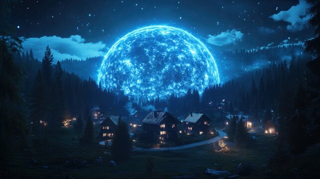 village surrounded by nature, a big blue light shines from the village in shape of half of circle. sharp focus.