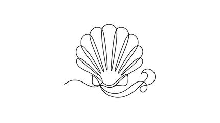 Continuous line drawing of a seashell with flowing waves, minimalist marine art. © Padel
