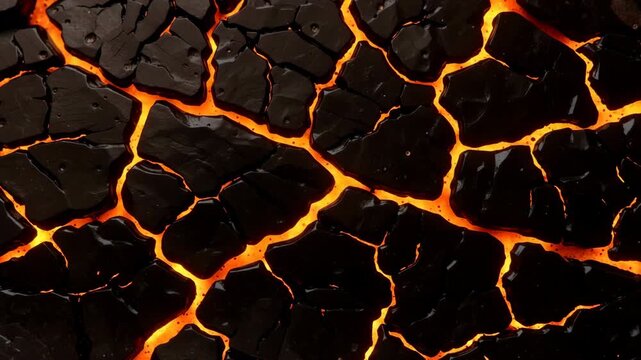 Glowing hot magma cracks through a cooling volcanic rock surface