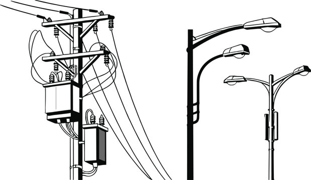 Electrical Power Pole with Transformer and Street Lights illustration vector