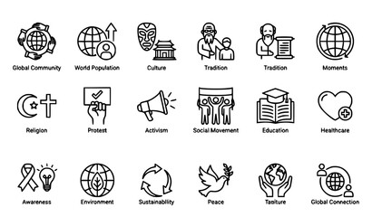 Fototapeta premium Global Society Editable Line Icon Set Vector For Culture And Activism