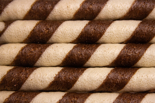 Close-up texture of chocolate wafer rolls