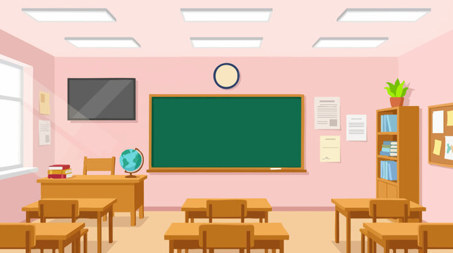 Empty school classroom with desks, chalkboard, and educational supplies