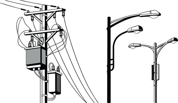 Electrical transformer and street lights on white background power electricity