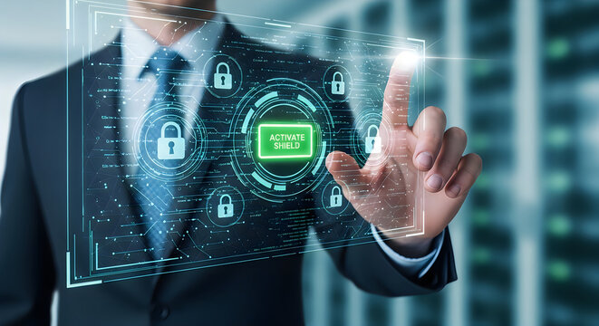 Professional businessman touching a digital screen to activate security shield for protecting sensitive corporate data information