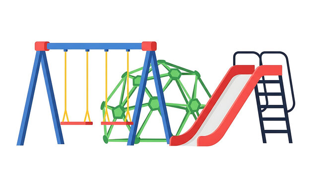 A vibrant playground clipart set featuring a red slide blue swing and green climbing dome isolated on white background for school or park designs