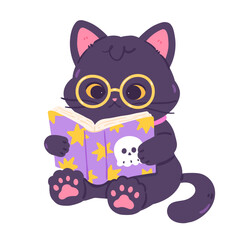 Fototapeta premium Cute Black Cat Reading a Halloween Ghost Book Illustration