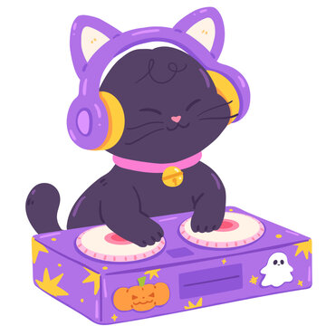 Cute Cat DJ Halloween Party Illustration