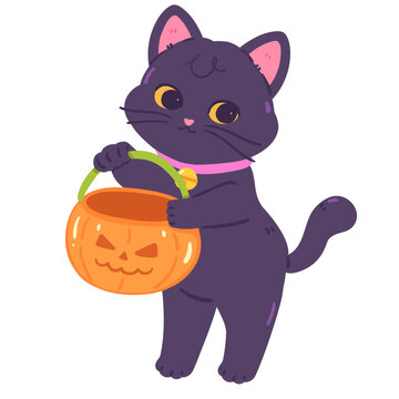 Cute Black Cat with Halloween Candy Bucket Illustration