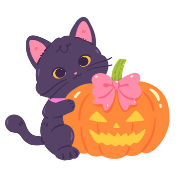 Cute Black Cat With Halloween Pumpkin Jack-O'-Lantern Illustration