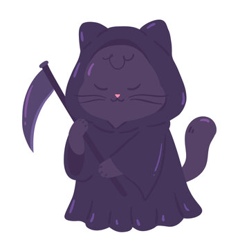 Cute Black Cat Grim Reaper Halloween Costume Illustration