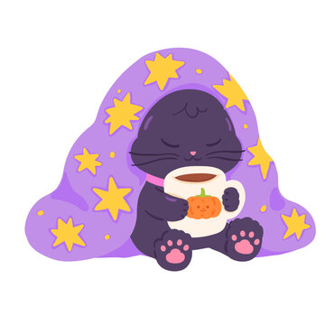 Cute Cat Wrapped in Blanket with Pumpkin Mug Illustration