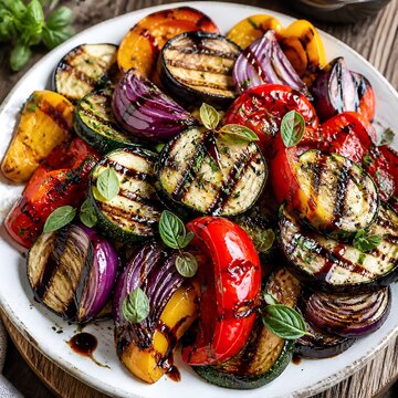 A vibrant platter of grilled vegetables featuring sliced zucchini (Cucurbita pepo), eggplant (Solanum melongena), red and yellow bell peppers (Capsicum annuum), and red onion (Allium cepa). 