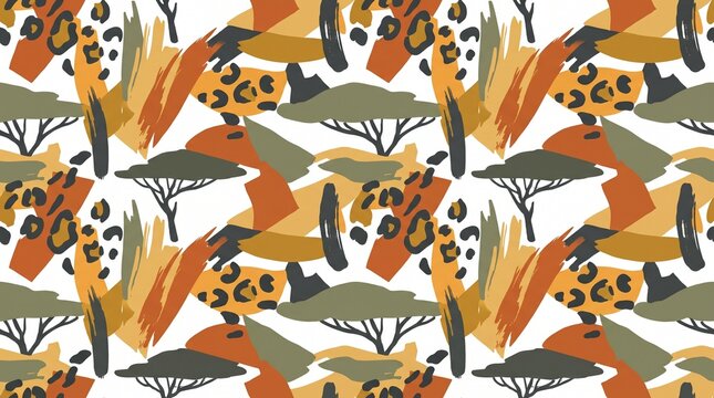 Abstract African Safari Pattern with Leopard Spots and Trees.
