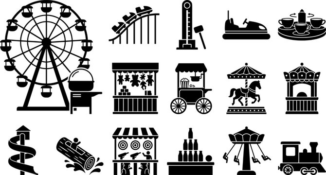 Amusement park and carnival icon set featuring ferris wheel roller coaster carousel bumper car and festival attraction symbols