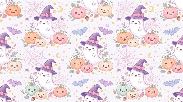 Seamless pattern with cute cartoon ghosts wearing purple witch hats and smiling pumpkins on a light pastel background