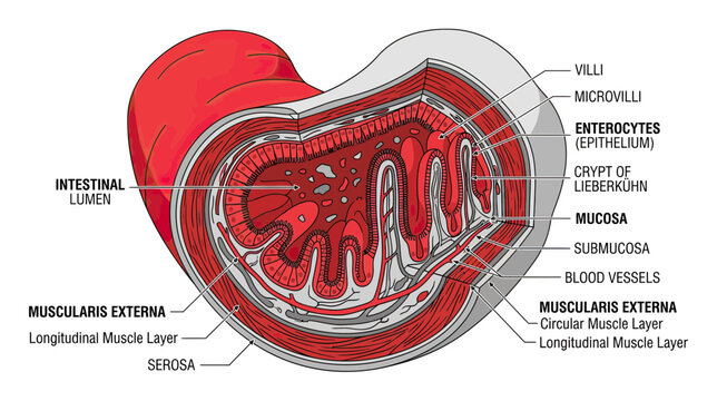 Cross-section of human intestine anatomy illustration