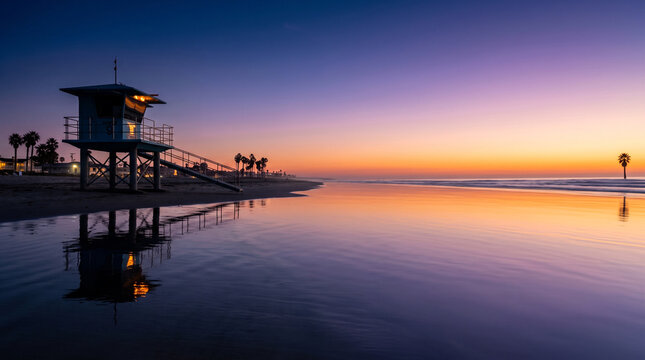 Serene twilight view of a lifeguard tower with vibrant sky colors reflecting on wet sand.