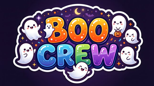 Boo crew typography design with cute ghosts and pumpkins on a dark purple background for halloween party decorations