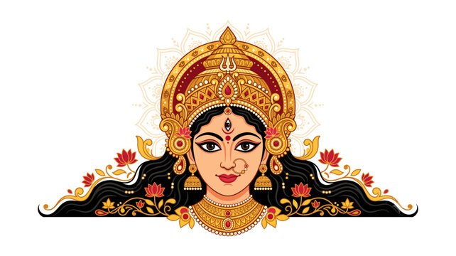 Goddess Durga Face with Sacred Kalash, Diyas and Ornamental Mandala for Navratri Festival Isolated on White Background