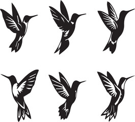 Naklejka premium Collection of Six Elegant Hummingbird Silhouettes in Flight for Nature and Wildlife Graphic Design Projects. 