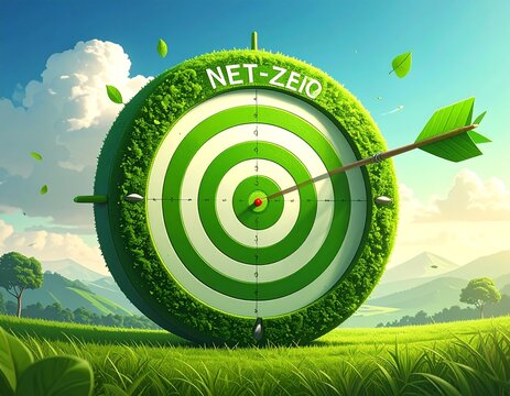 Green-colored target icon illustrating the -net-zero- carbon emissions target. bullseye with arrow