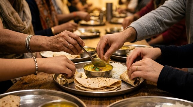 Diverse group of people sitting side by side eating authentic vegetarian Langar meal with hands from steel plates, emphasizing companionship, culture, and charity work.