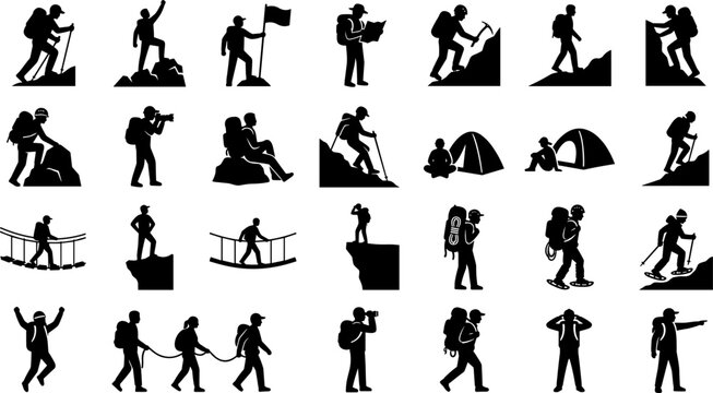 Hiking and mountaineering silhouette icon set featuring backpackers climbing mountains camping in tents and outdoor adventure activities