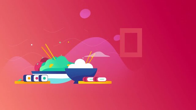 Minimalist flat vector animation of Japanese cuisine with sushi and rice bowl.